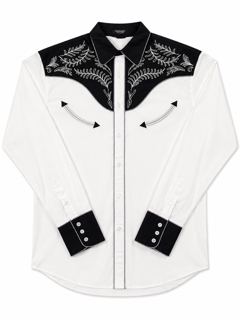Embroidered Western-Style Long Sleeve Shirt in White and Black